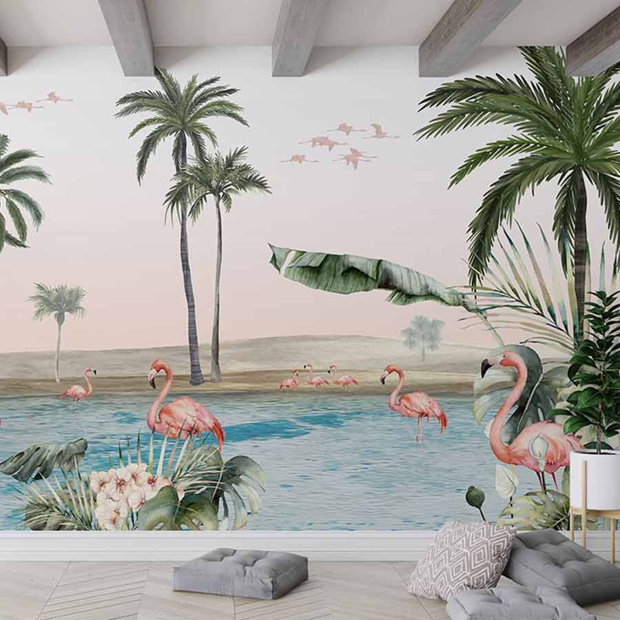 Flamingo Oasis mural wallpaper