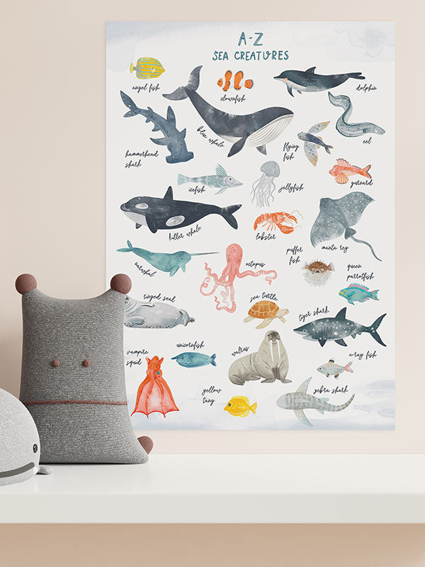 Watercolour sea creatures alphabet kids wall print