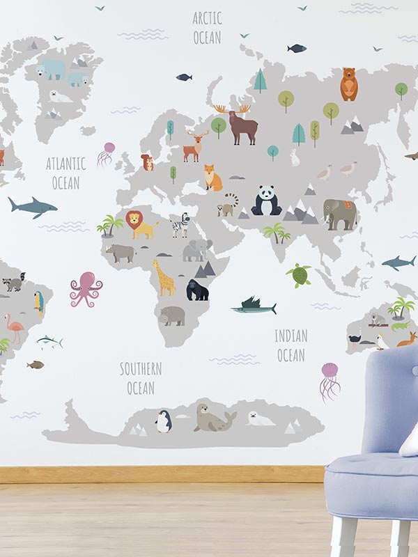 Animal world map wall sticker