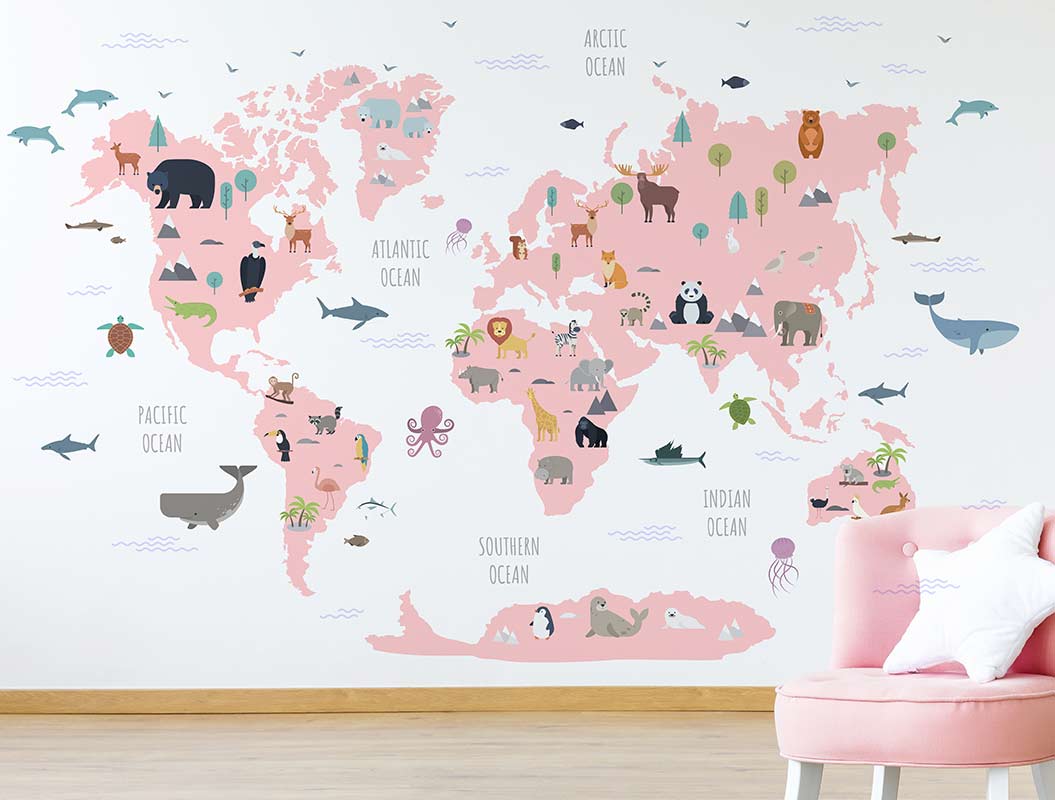 Animal world map wall decal