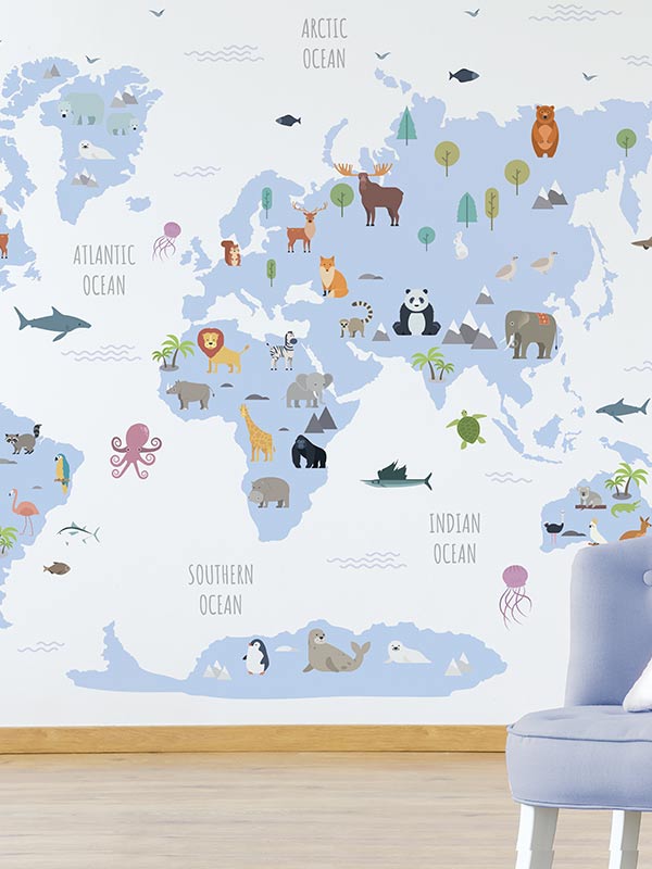 Animal world map wall decal