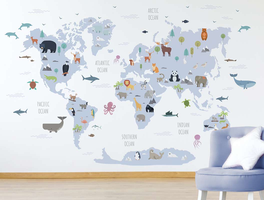 Animal world map wall decal